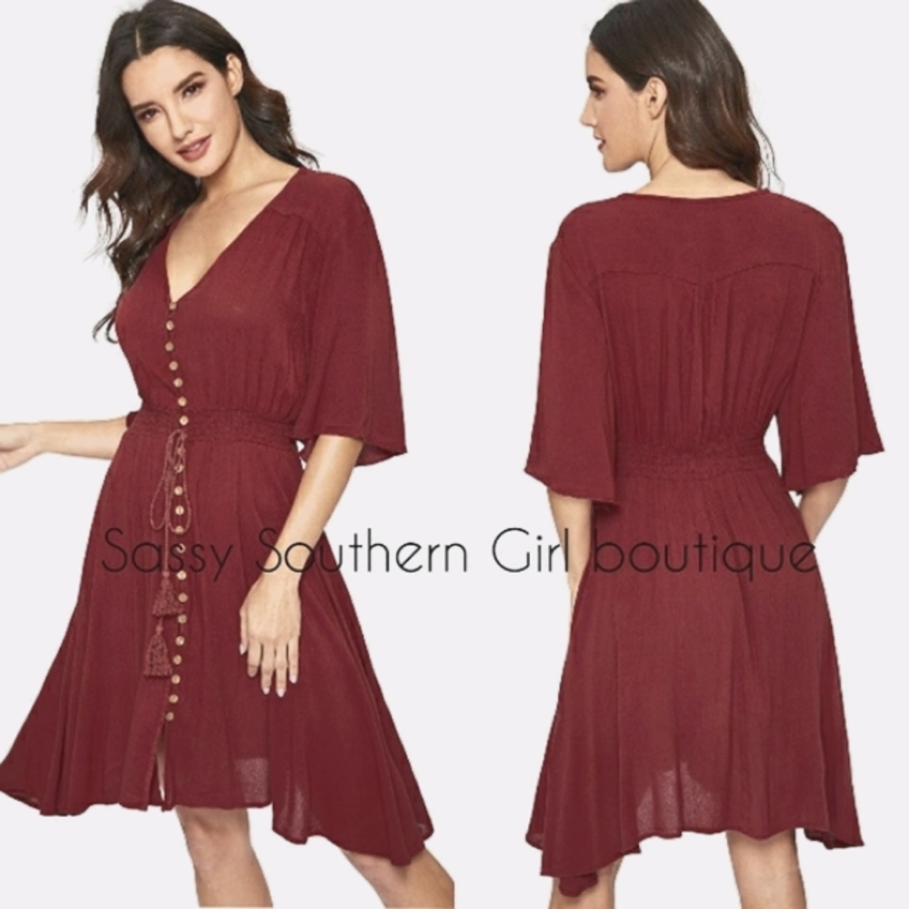 🆕⭐ Plus boho wine red button down dress